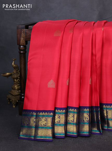 Puer kanchipuram silk saree red and navy blue with zari woven buttas and zari woven korvai border