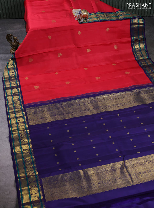 Pure kanchipuram silk saree red and navy blue with zari woven buttas and zari woven korvai border