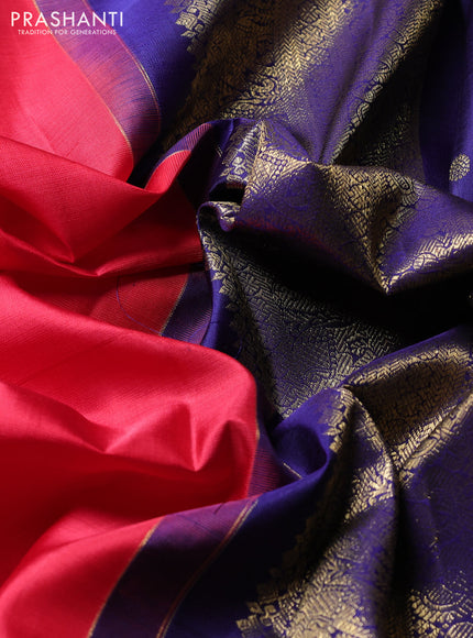 Puer kanchipuram silk saree red and navy blue with zari woven buttas and zari woven korvai border