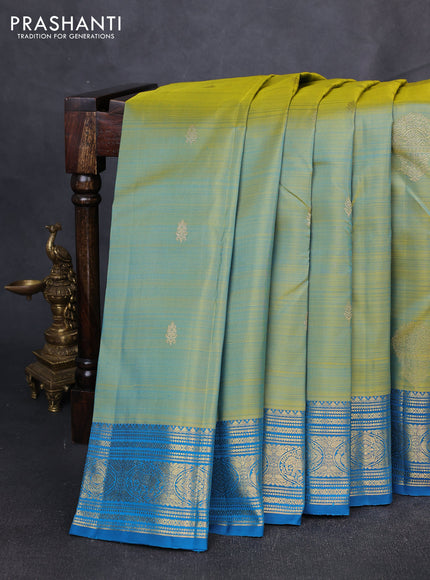 Puer kanchipuram silk saree dual shade of bluish green and teal blue with zari woven buttas and zari woven border