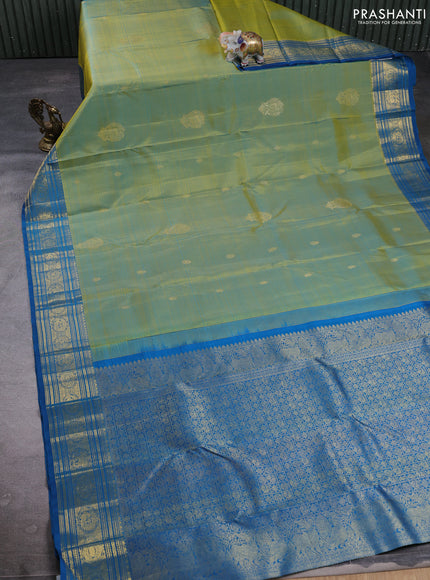 Puer kanchipuram silk saree dual shade of bluish green and teal blue with zari woven buttas and zari woven border