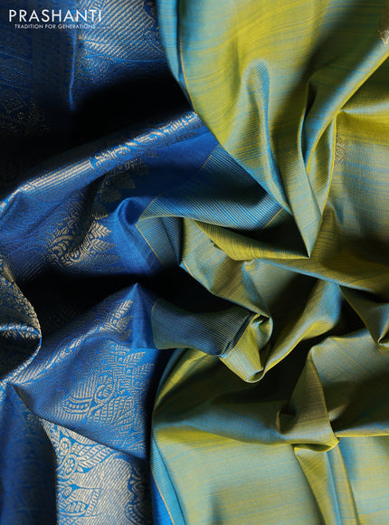 Puer kanchipuram silk saree dual shade of bluish green and teal blue with zari woven buttas and zari woven border