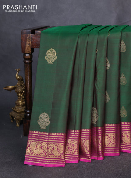 Puer kanchipuram silk saree green and pink with zari woven buttas and zari woven border