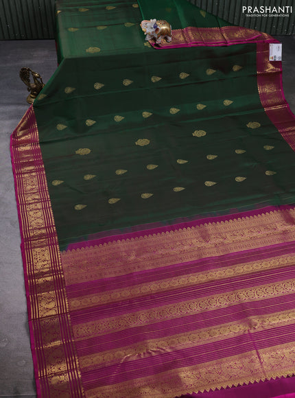 Puer kanchipuram silk saree green and pink with zari woven buttas and zari woven border