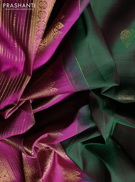 Puer kanchipuram silk saree green and pink with zari woven buttas and zari woven border