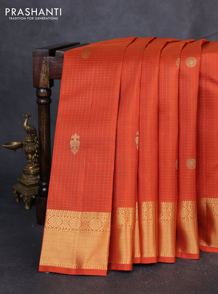 Puer kanchipuram silk saree rust shade with allover zari checks & buttas and zari woven border