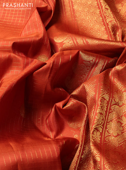 Puer kanchipuram silk saree rust shade with allover zari checks & buttas and zari woven border