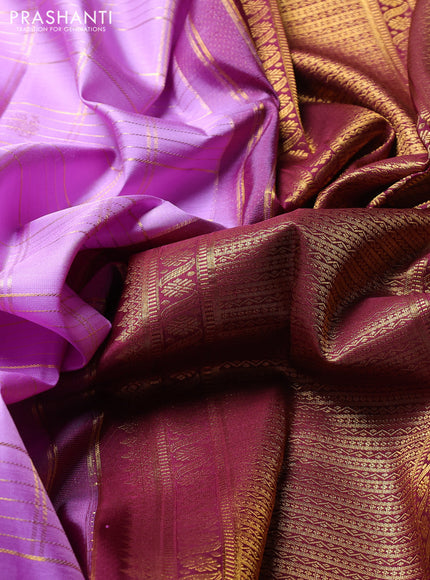 Puer kanchipuram silk saree lavender and deep maroon with allover zari checked pattern and zari woven korvai boredr