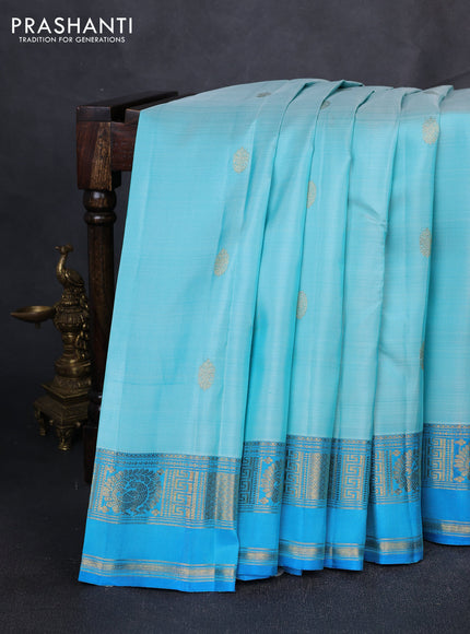 Puer kanchipuram silk saree light blue and cs blue with zari woven buttas and zari woven border