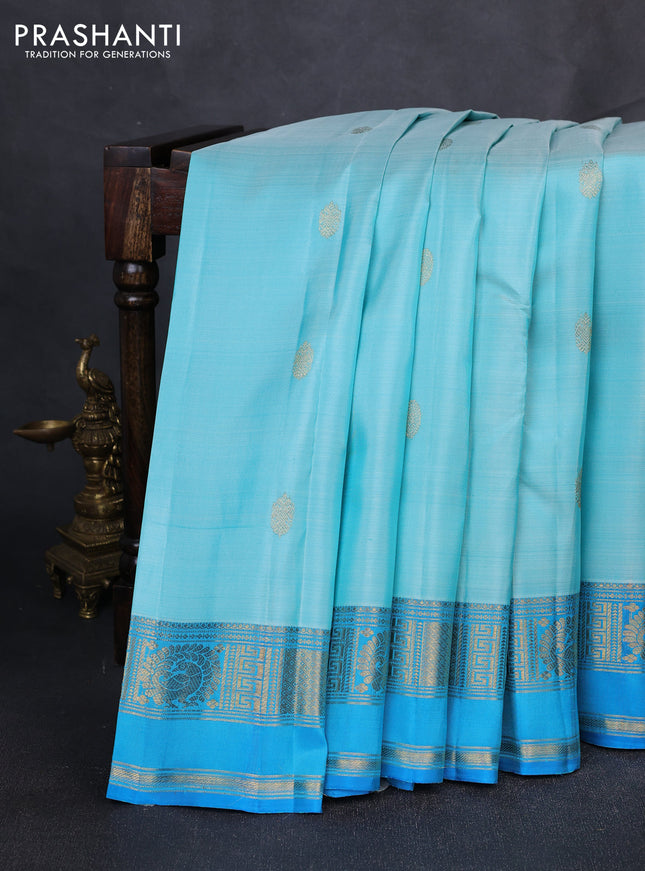Pure kanchipuram silk saree light blue and cs blue with zari woven buttas and zari woven border