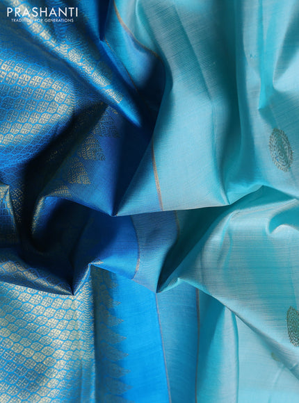Puer kanchipuram silk saree light blue and cs blue with zari woven buttas and zari woven border