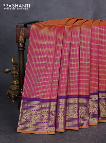 Puer kanchipuram silk saree dual shade of rust and mustard yellow with allover small zari checked pattern and zari woven korvai border