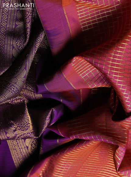 Puer kanchipuram silk saree dual shade of rust and mustard yellow with allover small zari checked pattern and zari woven korvai border
