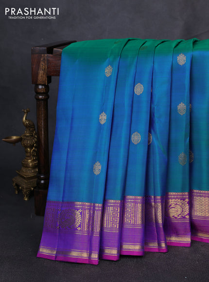Puer kanchipuram silk saree dual shade of bluish green and pink with zari woven buttas and zari woven border