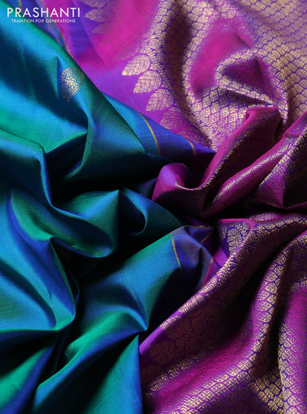 Puer kanchipuram silk saree dual shade of bluish green and pink with zari woven buttas and zari woven border