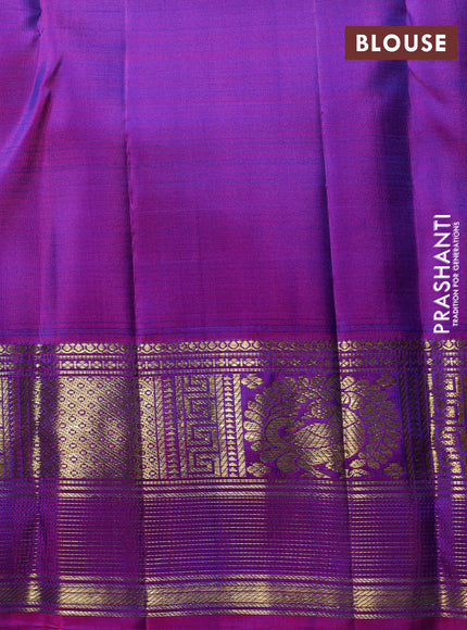 Puer kanchipuram silk saree dual shade of bluish green and pink with zari woven buttas and zari woven border