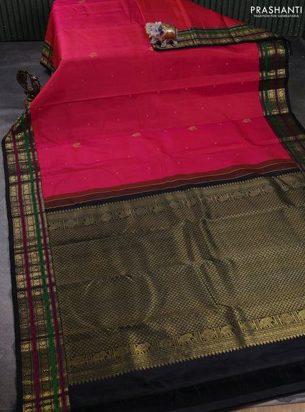 Puer kanchipuram silk saree dual shade of pinkish orange and black with zari woven buttas and zari woven border