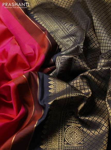 Puer kanchipuram silk saree dual shade of pinkish orange and black with zari woven buttas and zari woven border