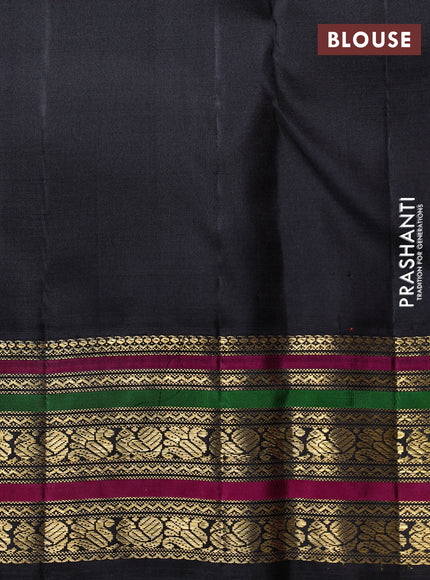 Puer kanchipuram silk saree dual shade of pinkish orange and black with zari woven buttas and zari woven border