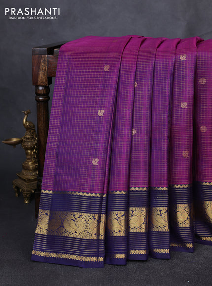 Puer kanchipuram silk saree purple and navy blue with allover zari checks & buttas and zari woven border