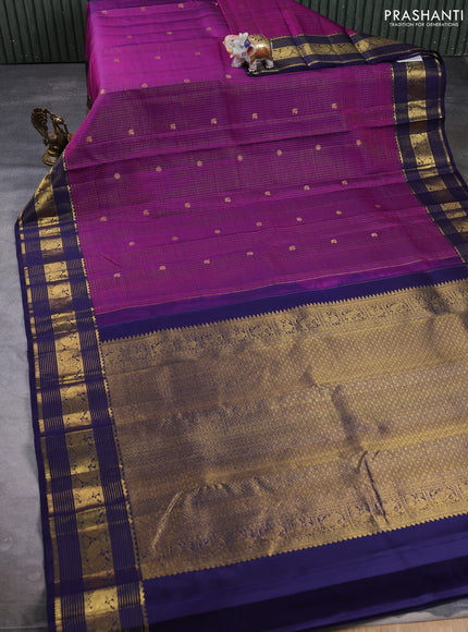 Puer kanchipuram silk saree purple and navy blue with allover zari checks & buttas and zari woven border