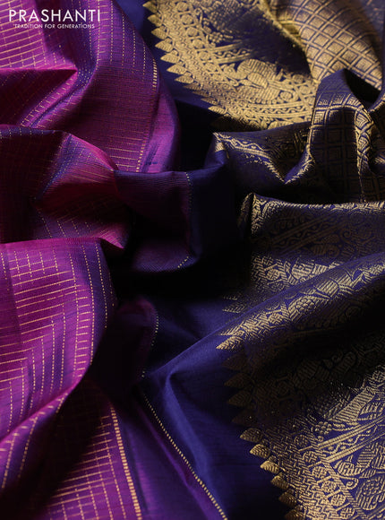 Puer kanchipuram silk saree purple and navy blue with allover zari checks & buttas and zari woven border