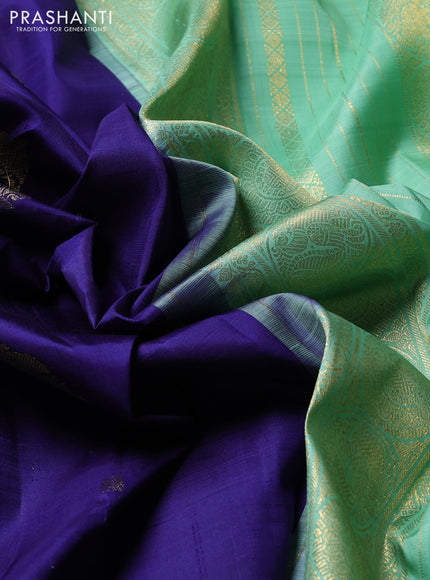 Puer kanchipuram silk saree blue and pastel green with zari woven buttas and long zari woven korvai border