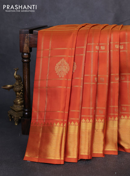 Puer kanchipuram silk saree rustic orange with allover zari checks & buttas and zari woven border
