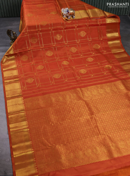 Puer kanchipuram silk saree rustic orange with allover zari checks & buttas and zari woven border