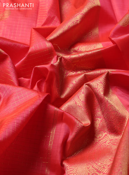Puer kanchipuram silk saree peach orange with allover small zari checks & buttas and zari woven border