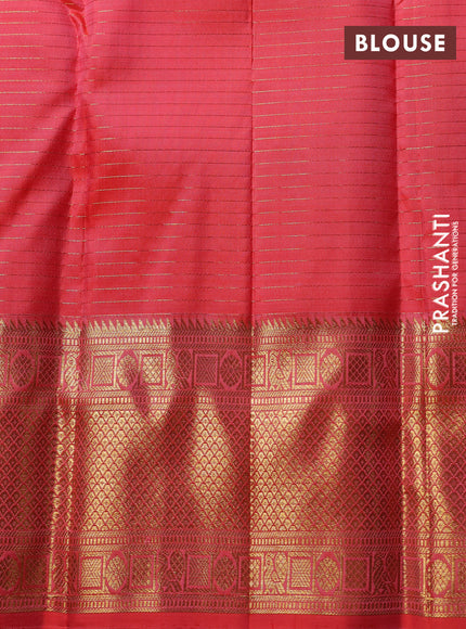 Puer kanchipuram silk saree peach orange with allover small zari checks & buttas and zari woven border