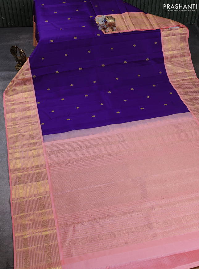 Pure kanchipuram silk saree violet and peach shade with zari woven buttas and long zari woven korvai border