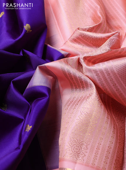 Puer kanchipuram silk saree violet and peach shade with zari woven buttas and long zari woven korvai border