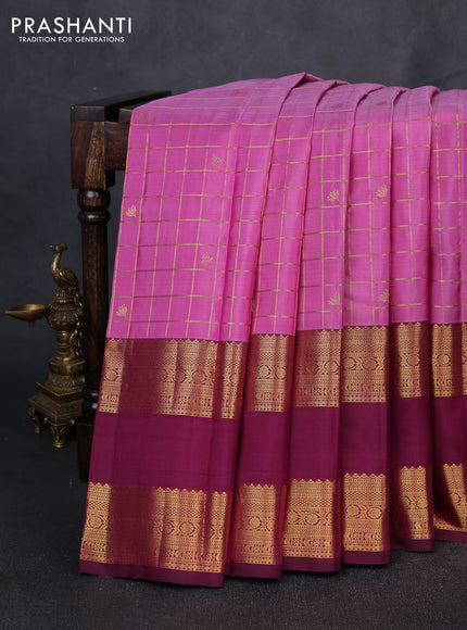 Puer kanchipuram silk saree pink and deep wine with allover zari checks & buttas and long rettapet zari woven border