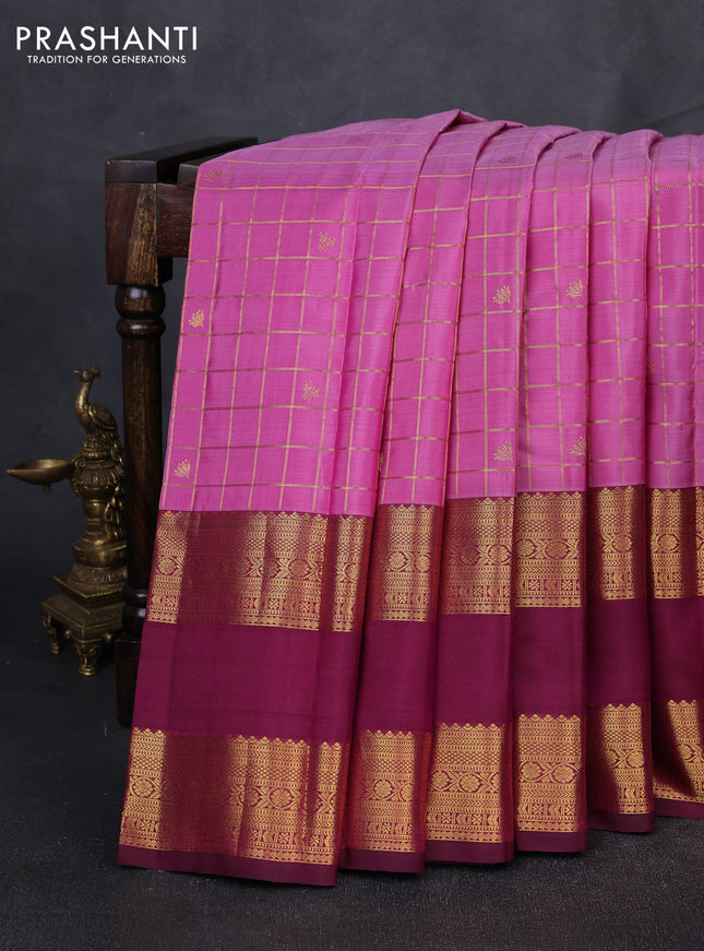 Pure kanchipuram silk saree pink and deep wine with allover zari checks & buttas and long rettapet zari woven border