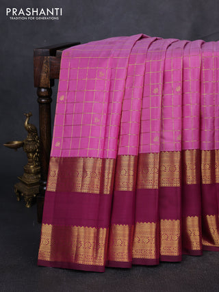 Pure kanchipuram silk saree pink and deep wine with allover zari checks & buttas and long rettapet zari woven border