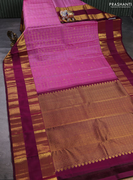 Puer kanchipuram silk saree pink and deep wine with allover zari checks & buttas and long rettapet zari woven border