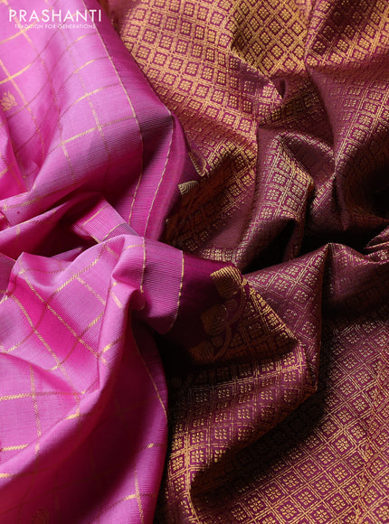 Puer kanchipuram silk saree pink and deep wine with allover zari checks & buttas and long rettapet zari woven border