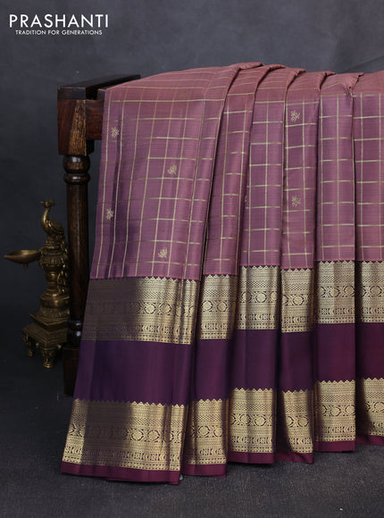 Puer kanchipuram silk saree rosy brown and coffee brown with allover zari checks & buttas and long rettapet zari woven border