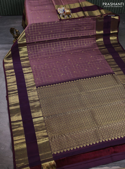 Puer kanchipuram silk saree rosy brown and coffee brown with allover zari checks & buttas and long rettapet zari woven border