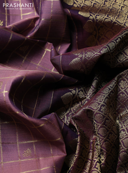 Puer kanchipuram silk saree rosy brown and coffee brown with allover zari checks & buttas and long rettapet zari woven border