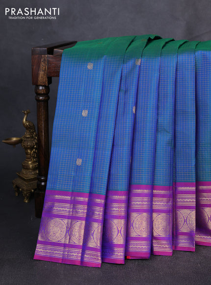 Puer kanchipuram silk saree dual shade of bluish green and purple with allover small zari checks & buttas and zari woven border