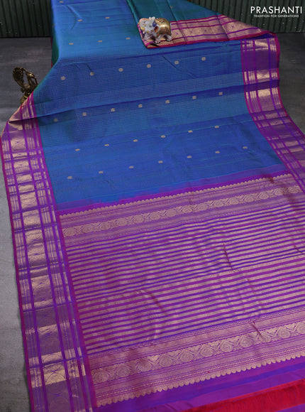 Puer kanchipuram silk saree dual shade of bluish green and purple with allover small zari checks & buttas and zari woven border