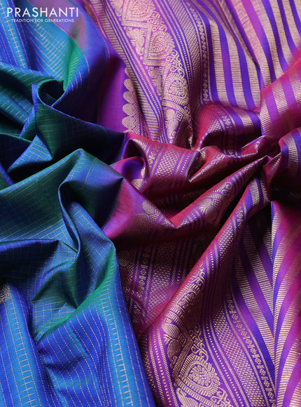 Puer kanchipuram silk saree dual shade of bluish green and purple with allover small zari checks & buttas and zari woven border