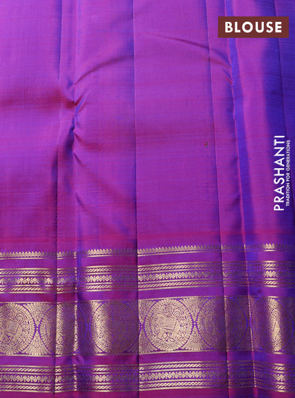 Puer kanchipuram silk saree dual shade of bluish green and purple with allover small zari checks & buttas and zari woven border