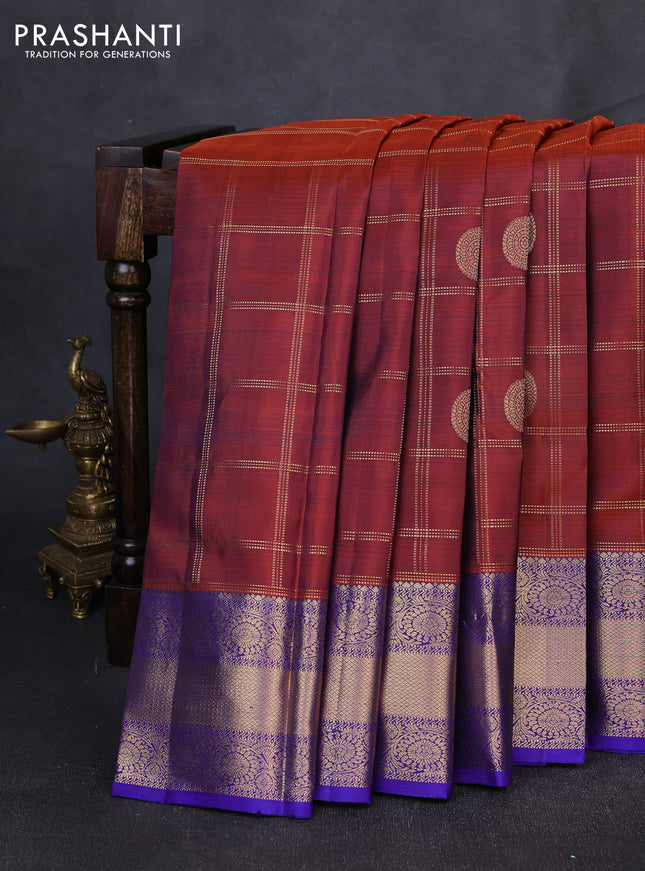 Pure kanchipuram silk saree rust shade and violet with allover zari checks & buttas and zari woven border