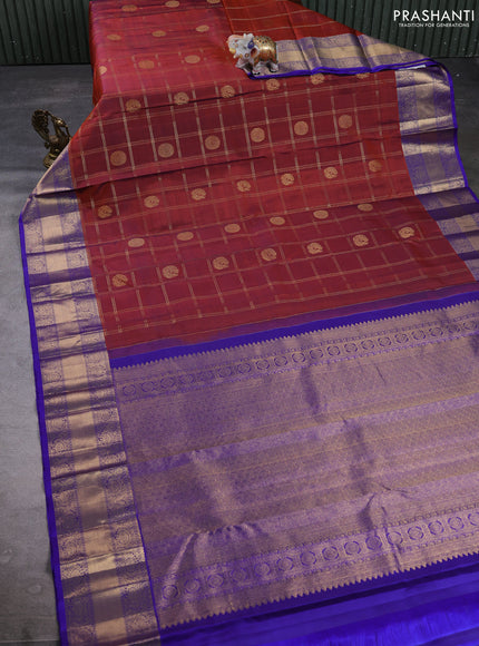 Puer kanchipuram silk saree rust shade and violet with allover zari checks & buttas and zari woven border
