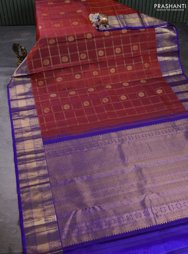 Pure kanchipuram silk saree rust shade and violet with allover zari checks & buttas and zari woven border