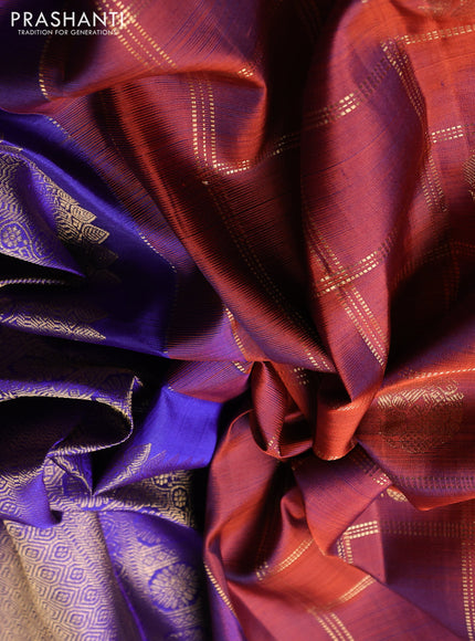 Puer kanchipuram silk saree rust shade and violet with allover zari checks & buttas and zari woven border