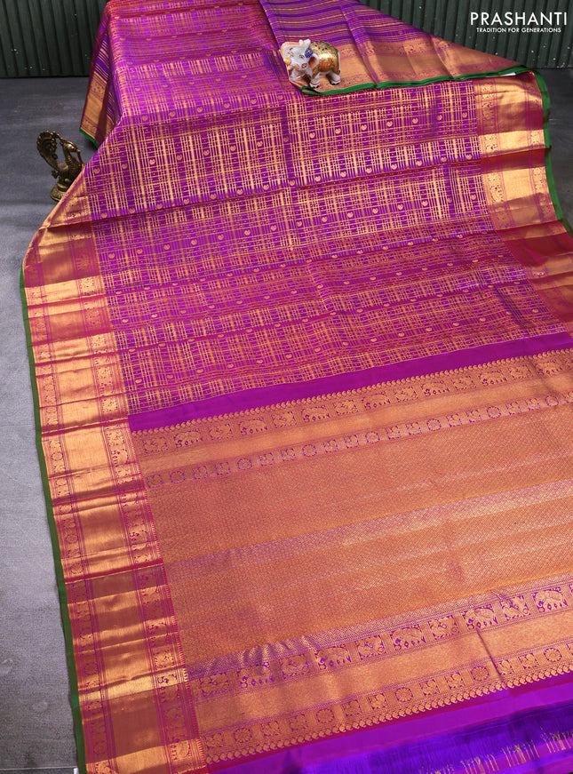 Pure kanchipuram silk saree purple with allover zari checks & buttas and rich zari woven border